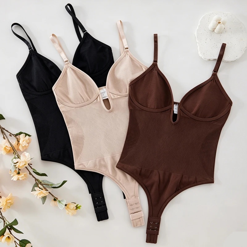 Shapewear Bodysuit Firm - ชุดบอดี้สูทผู้หญิงแบบเปิดหลัง ชุดกระชับสัดส่วน คอวีลึก ชุดชั้นในกระชับสัดส่วน ไร้ตะเข็บ ระบายอากาศได้ดี